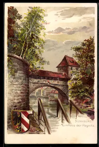 Lithographie Nürnberg, Ortsansicht mit Pegnitzeinfluss, Wappen