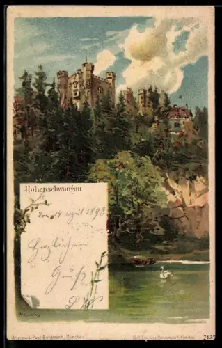 Künstler-AK Karl Heinisch: Schwangau, Idyll mit Schwanensee und Burg