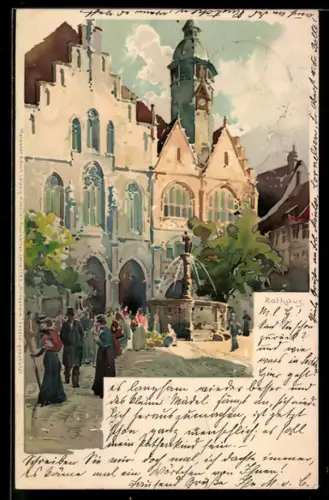 Lithographie Hildesheim, Rathaus mit Passanten