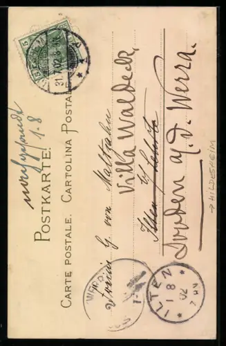 Lithographie Hildesheim, Rathaus mit Passanten