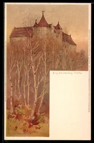 Lithographie Scharfenberg a. d. Elbe, Burg Scharfenberg