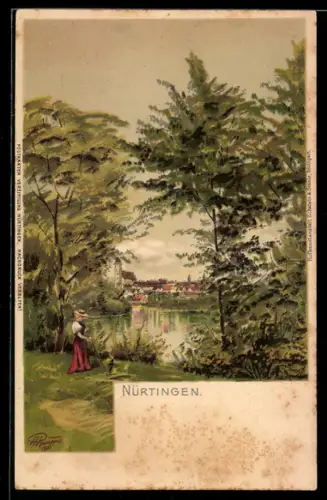 Künstler-Lithographie Nürtingen, Fernsicht der Stadt