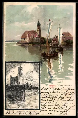 Künstler-AK Carl Biese: Wasserburg / Bodensee, Schloss Montfort und Partie an der Bootsanlegestelle