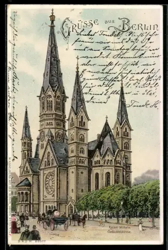 Lithographie Berlin-Charlottenburg, Kaiser-Wilhelm-Gedächtniskirche mit Strasse u. Kutsche