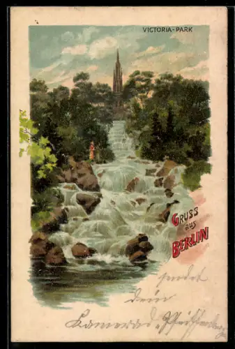 Lithographie Berlin-Kreuzberg, Wasserfall im Victoria-Park