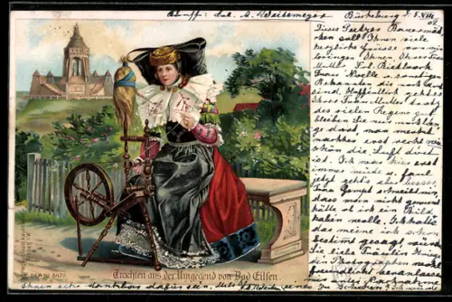 Lithographie Bad Eilsen, Spinnerin in Tracht mit Spinnrad, Turmgebäude