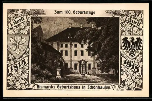 Künstler-AK Schönhausen / Elbe, Abbildung von Bismarcks Geburtshaus zum 100. Geburtstag