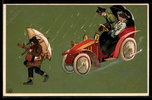 Lithographie Auto mit offenem Verdeck rast im Regen auf einen Mann zu