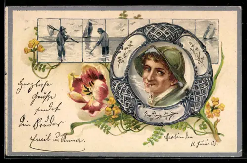 AK Fischer mit Tabakpfeife und Blume, Fischer mit Keschern