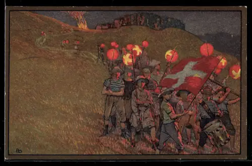AK Schweizer Bundesfeier 1912, Rotes Kreuz, Lampion-Umzug