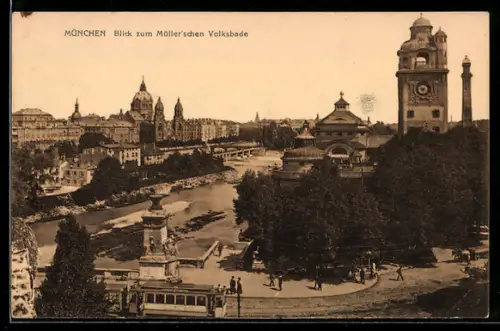 AK München, Blick zum Müller`schen Volksbade, Praterinsel, Strassenbahn