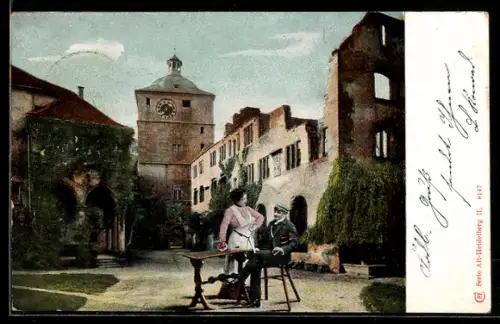 AK Heidelberg, Student im Gespräch mit Wirtin, Torturm mit Uhr