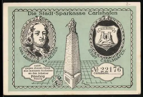 Notgeld Carlshafen, 50 Pfennig, Landgraf von Hessen, Weser mit Hessischen Klippen