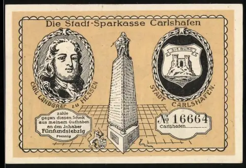 Notgeld Carlshafen, 75 Pfennig, Karl Landgraf von Hessen und Invalidenhaus 1706
