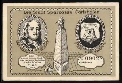 Notgeld Carlshafen, 1 Mark, Landgraf Carl, Sieburg und Gradierwerke