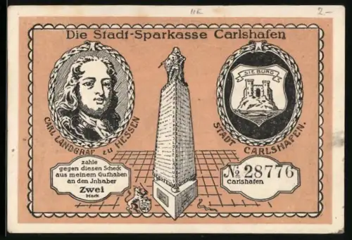 Notgeld Carlshafen, 2 Mark, Carl Landgraf von Hessen, Sieburg Wappen, Einzug der Hugenotten 1699
