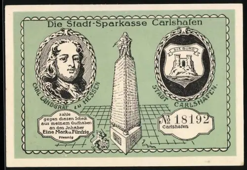 Notgeld Carlshafen, 1.50 Mark, Landgraf Carl, Sieburg Wappen, Jagdschloss und Landschaftsansicht