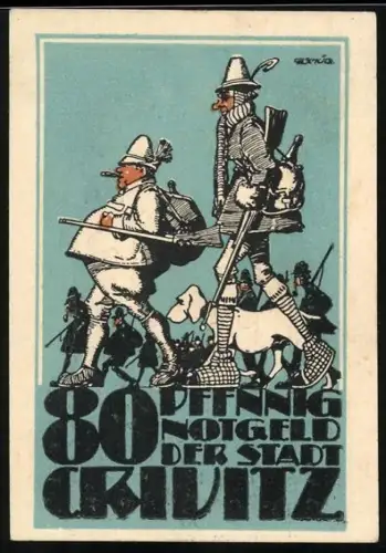 Notgeld Crivitz 1922, 80 Pfennig, Soldaten mit Hund und Stadtwappen