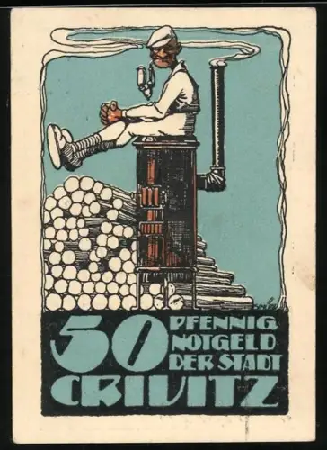Notgeld Crivitz 1922, 50 Pfennig, Mann auf Ofen und Stadtwappen