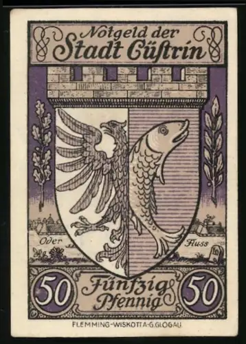 Notgeld Cüstrin 1921, 50 Pfennig, Wappen mit Adler und Fisch, Gebäudeansicht mit Bäumen