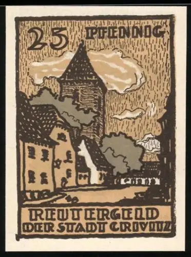 Notgeld Crivitz 1922, 25 Pfennig, Stadtszene mit Turm und Häusern, Spruch in Torbogen