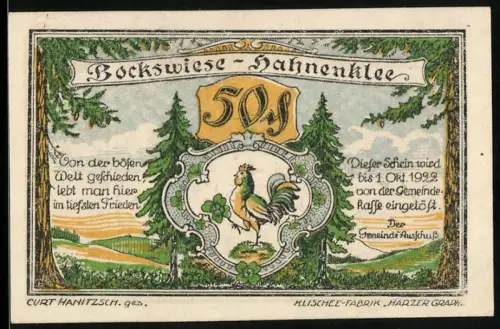 Notgeld Bockswiese-Hahnenklee 1921, 50 Pfennig, Hahn und Schlittenfahrt im verschneiten Wald