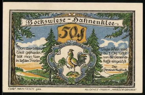 Notgeld Bockswiese-Hahnenklee, 50 Pfennig, Hahn und Landschaft mit Wald und Musiknoten