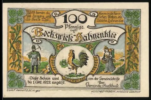 Notgeld Bockswiese-Hahnenklee 1922, 100 Pfennig, Hahn und Bergmann, Kirche mit Musiknoten