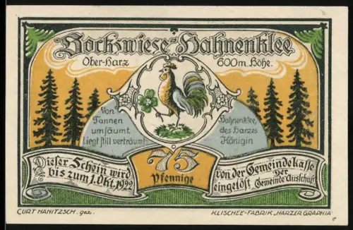 Notgeld Bockswiese-Hahnenklee 1922, 75 Pfennig, Hahn und Skifahrer im Wald