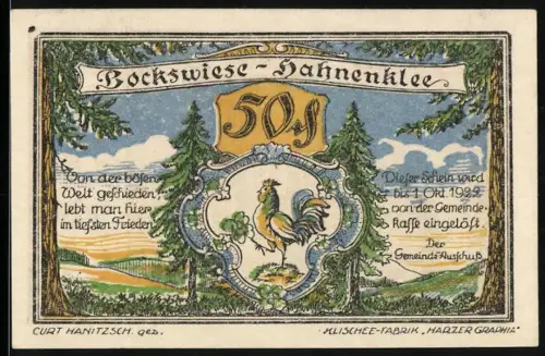 Notgeld Hahnenklee-Bockswiese 1921, 50 Pfennig, Hahn und Landschaft mit Bank und Notenblatt