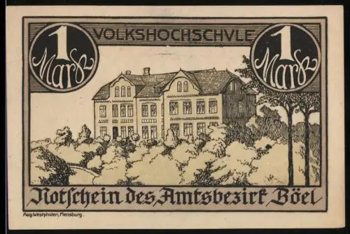 Notgeld Böel, 1 Mark, Volkshochschule und mittelalterliche Darstellung einer Kirche