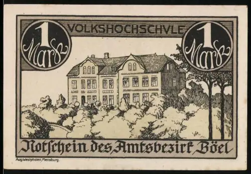 Notgeld Böel, 1 Mark, Volkshochschule und historische Kirche mit Mönch-Porträt