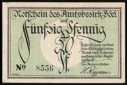 Notgeld Böel, 50 Pfennig, kunstvolle Schrift und dekorative Ornamentik
