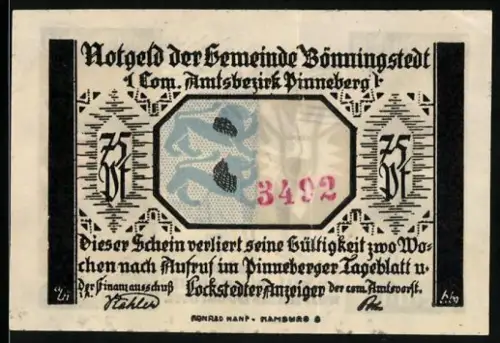 Notgeld Bönningstedt /Pinneberg, 75 Pf, Mann mit Laterne und plattdeutscher Inschrift