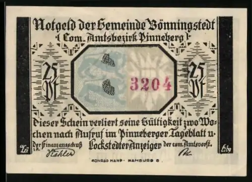 Notgeld Bönningstedt /Pinneberg, 25 Pf, Geburtshaus von Claus Groth, Komm man in!