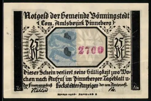 Notgeld Bönningstedt /Pinneberg 1920, 25 Pfennig, Mann beim Essen mit Spruch