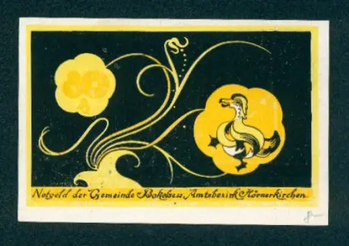 Notgeld Bokel /Hörnerkirchen 1921, 80 Pfennig, stilisierte Ente und Pflügender Bauer mit Spruch