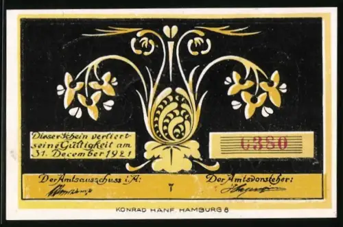 Notgeld Bokel /Hörnerkirchen 1921, 70 Pfennig, florales Design mit gelben Blüten und dekorativem Muster