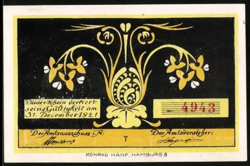 Notgeld Bokel /Hörnerkirchen 1921, 30 Pfennig, florales Muster und Vogelmotiv