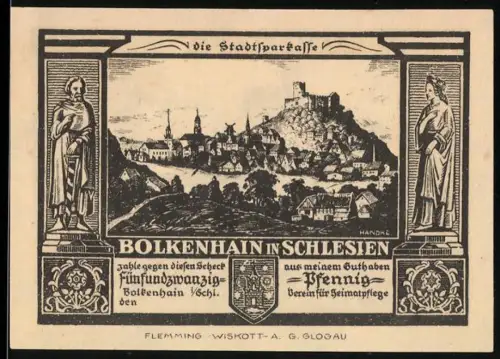 Notgeld Bolkenhain /Schl., 25 Pfennig, Ortsansicht und Burgruine Bolkoburg mit Gedicht