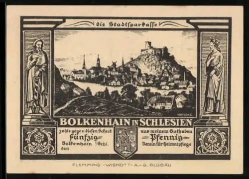 Notgeld Bolkenhain /Schl., 50 Pfennig, Ortsansicht mit Burg, Figuren und Fachwerkhäuser
