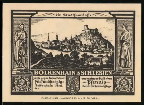 Notgeld Bolkenhain /Schl., 75 Pfennig, Ortsansicht und Burgenmotiv mit Wappen