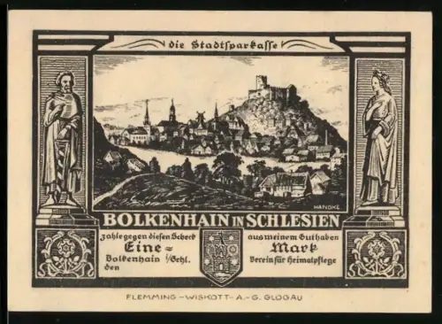 Notgeld Bolkenhain in Schlesien, 1 Mark, Ortsansicht mit Burg und Ritterszenen