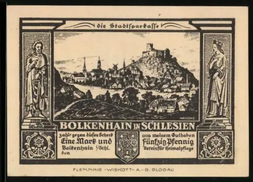 Notgeld Bolkenhain /Schl., 1 Mark 50 Pfennig, Ortsansicht und Burg Schweinhaus in Schlesien