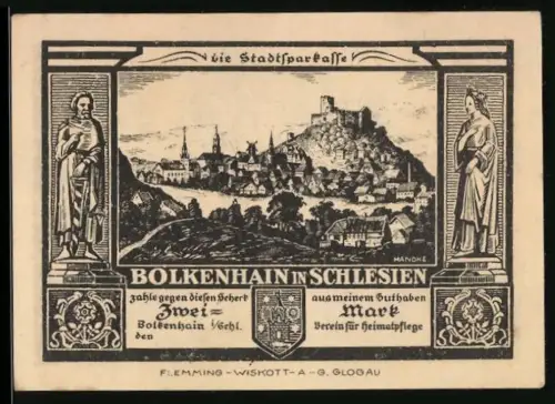 Notgeld Bolkenhain in Schlesien, 2 Mark, Ortsansicht mit Burg und historischem Strassenpartie