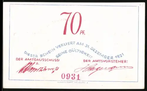 Notgeld Bokel /Hörnerkirchen 1921, 70 Pf, Kinder und Mann in Landschaft, Spruchband
