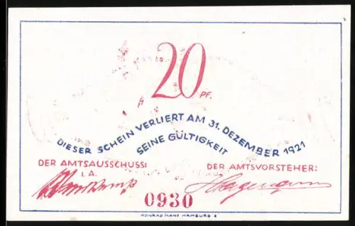 Notgeld Bokel /Hörnerkirchen, 20 Pfennig, zwei Vögel und Blattmuster, plattdeutsche Inschrift
