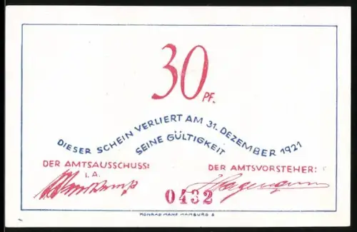 Notgeld Bokel /Hörnerkirchen 1921, 30 Pfennig, humorvolle Landschafts- und Tierdarstellung