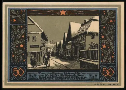 Notgeld Bolkenhain i. Schl., 50 Pfennig, Dorfszene und Ortsansicht mit Burg und Figuren