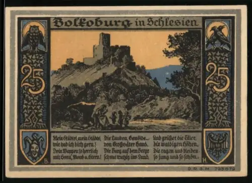Notgeld Bolkenhain in Schlesien, 25 Pfennig, Burgruine und Ortsansicht mit Statuen und Wappen